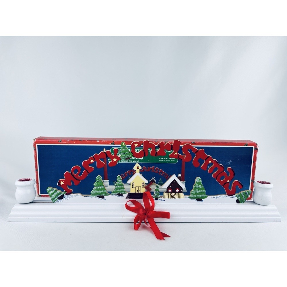 Vintage Merry Christmas Wooden Taper Candle Holder Around World Decor Holiday